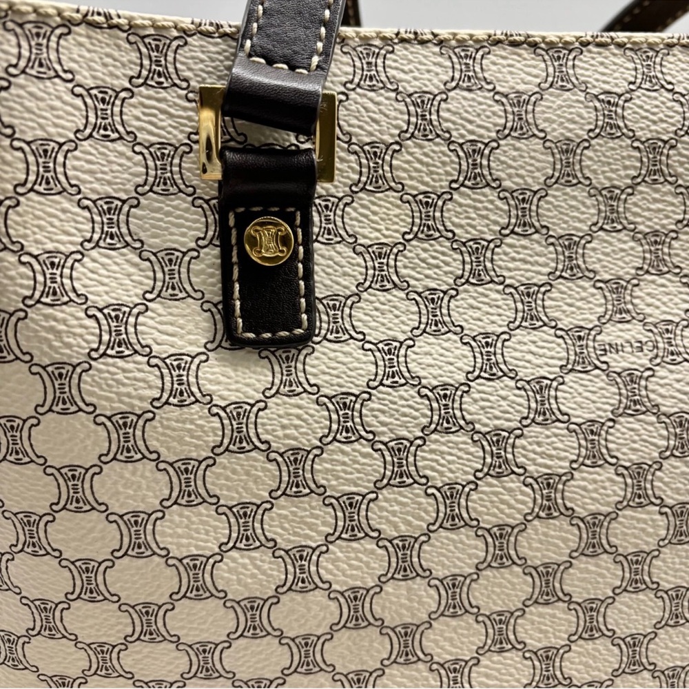 CELINE Tote Bag Macadam PVC Leather White Brown Vintage - Picture 9 of 14